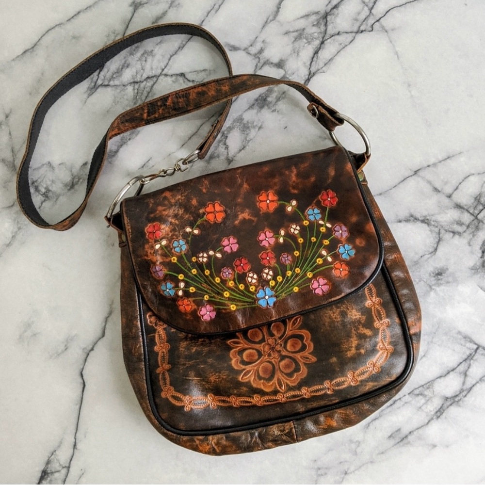 Vintage boho hippie leather floral tooled bag
